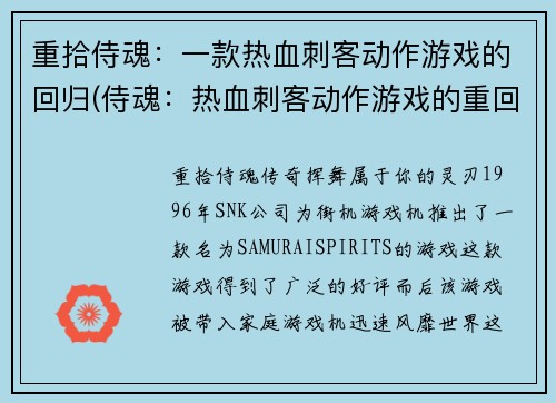 重拾侍魂:一款热血刺客动作游戏的回归(侍魂:热血刺客动作游戏的重回之路)